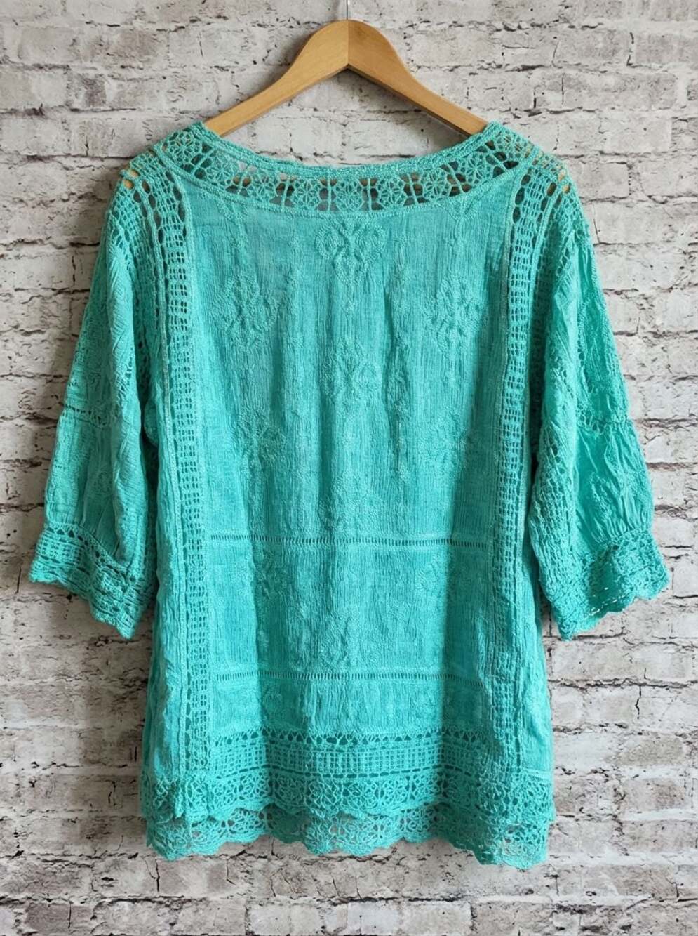 Democracy Crochet Trim 3/4 Flutter Sleeve Cotton Blouse in Teal - Picture 4 of 9